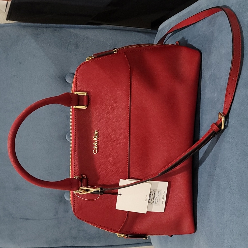 Calvin Klein Saffiano leather top handle crossbody satchel RED  *NEW w/ TAG*